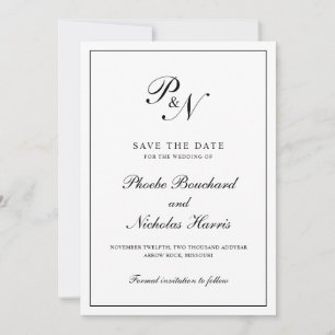 Monogram Black en White Formal Elegant Wedding Save The Date