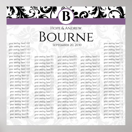 Monogram Black en White Paars Damask Poster (Voorkant)