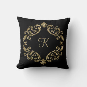 Monogram Black Gold Glitter Damask Flourish Swirl Kussen