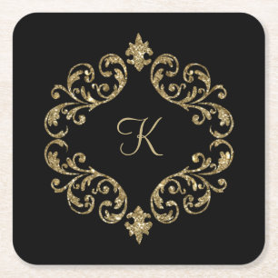 Monogram Black Gold Glitter Damask Flourish Swirl Vierkante Kartonnen Onderzetter
