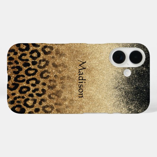 Monogram Black Gold Glitter Leopard Print Case-Mate iPhone Case (Achterkant (horizontaal))