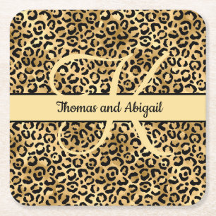 Monogram Black Gold Leopard Print Cheetah Animal Vierkante Kartonnen Onderzetter