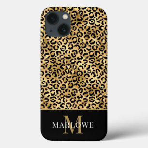 Monogram Black Gold Leopard Spots Pattern iPhone 13 Hoesje