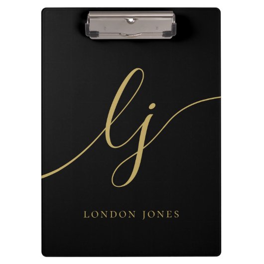 Monogram Black Gold Script Initialen Professional Klembord (Voorkant)