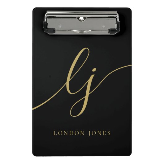 Monogram Black Gold Script Initialen Professional Mini Klembord (Voorkant)