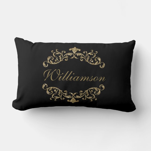 Monogram Black Gouden Glitter Bloemendecor Damast  Kussen (Voorkant)