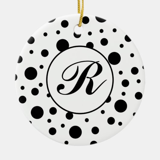 Monogram Black op White Polka Dot Pattern Keramisch Ornament (Voorkant)