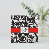 Monogram Black & Red Damask Wedding Invitations Kaart (Staand voorkant)
