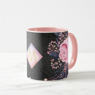 Monogram Black ROSEGOLD Pink Metallic Glitter Girl Mok