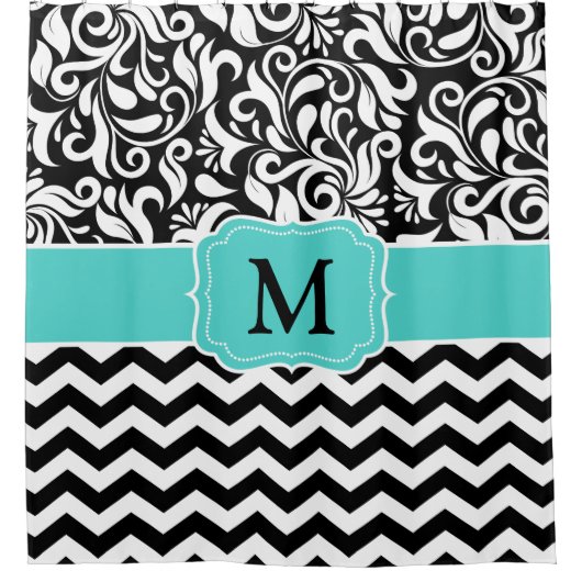 Monogram Black White Chevron Floral Damask Douchegordijn (Voorkant)