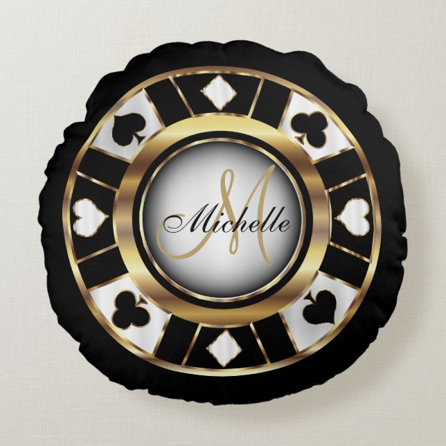 Monogram Black, White en Gold Poker Chip Rond Kussen (Voorkant)