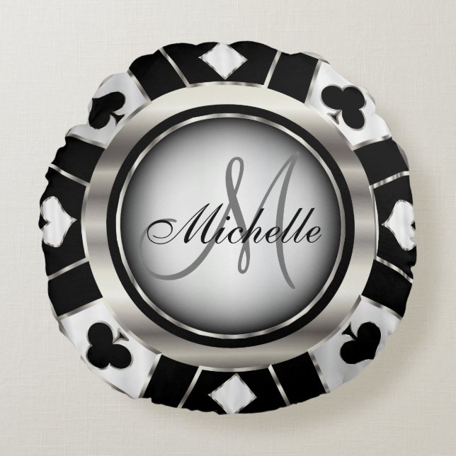 Monogram Black, White en Silver Poker Chip Rond Kussen (Voorkant)