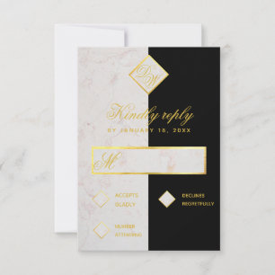 Monogram Black White Marble Gold Elegant Wedding RSVP Kaartje