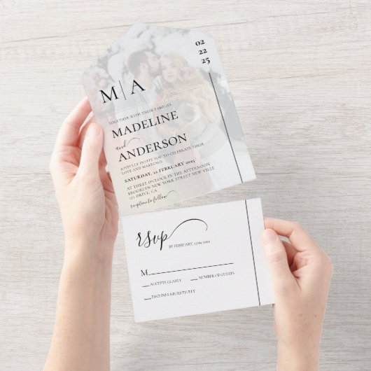 Monogram Black White met overlay foto bruiloft All In One Uitnodiging (Afscheurbaar)