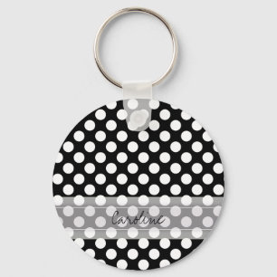 Monogram Black White Trendy Fun Polka Dot Pattern Sleutelhanger