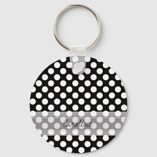 Monogram Black White Trendy Fun Polka Dot Pattern Sleutelhanger (Voorkant)