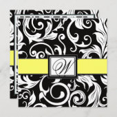 Monogram Black & Yellow Damask Wedding Invitations Kaart (Voorkant / Achterkant)