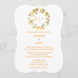 Monogram blad crest oranje goud wit chic bruiloft kaart