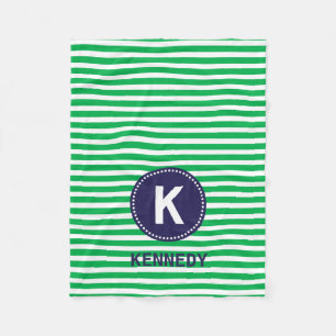 Monogram Blanket Kelly Green Stripes en Navy Blue Fleece Deken