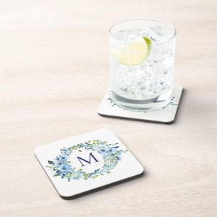 Monogram Blau Groen Bloemige Botanische Waterverf  Bier Onderzetter