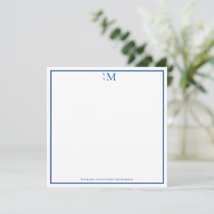 Monogram Blau Witte Elegante Trouwdag Notitiekaartje