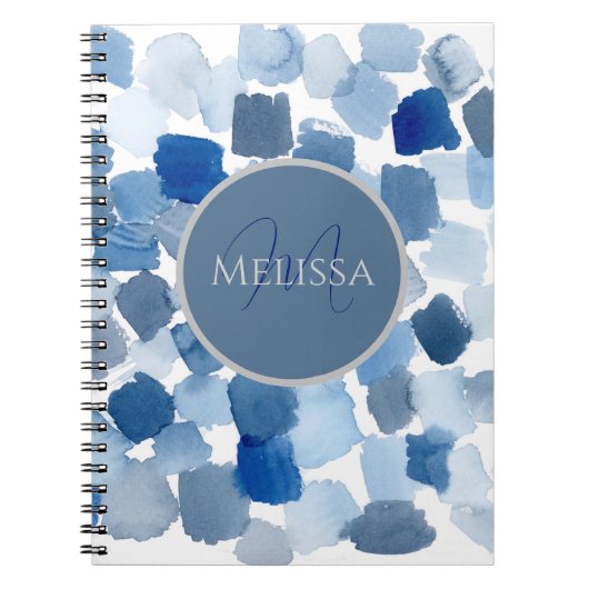 Monogram Blauw Abstracte Waterverf Swatch Notitieb Notitieboek (Voorkant)