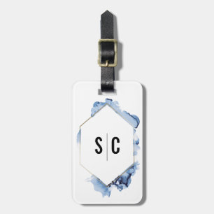 Monogram blauw aquarel Gouden lijst pasgetrouwd Bagagelabel