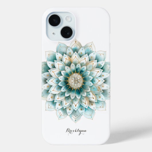 Monogram Blauw Blauwgroen Goud Bloemen Mandala Case-Mate iPhone Case (Achterkant)