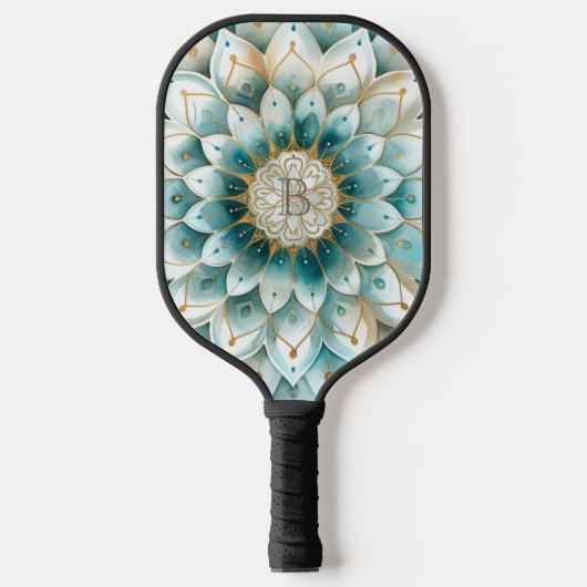 Monogram Blauw Blauwgroen Goud Bloemen Mandala Pickleball Paddle (Voorkant)