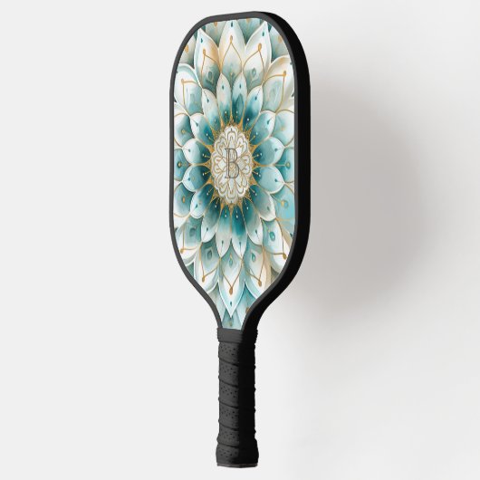 Monogram Blauw Blauwgroen Goud Bloemen Mandala Pickleball Paddle (Links)