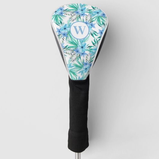 Monogram Blauw Bloemen Tropisch Botanisch Golfheadcover (Voorkant)