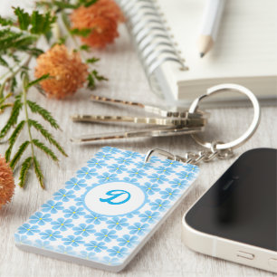 monogram blauw botanisch initiaal op maat sleutelhanger