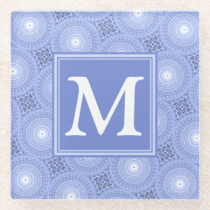 Monogram blauw cirkelpatroon glazen onderzetter