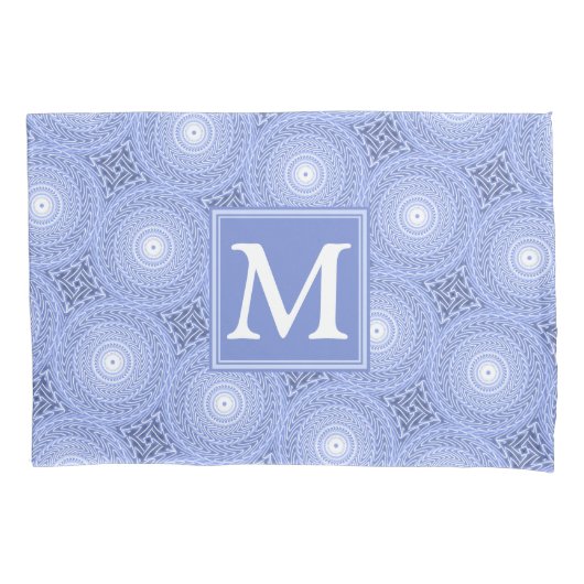 Monogram blauw cirkelpatroon kussensloop (Voorkant)