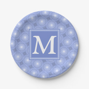 Monogram blauw cirkelpatroon papieren bordje
