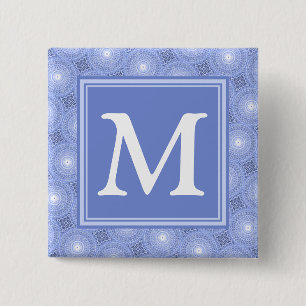 Monogram blauw cirkelpatroon vierkante button 5,1 cm