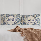 Monogram Blauw & Crème Damast Floral Wedding Kussensloop