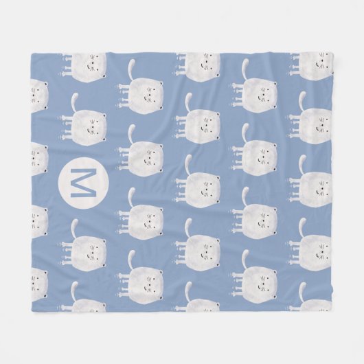 Monogram blauw Cute Bouncing White Cat Pattern Fleece Deken (Voorkant (Horizontaal))
