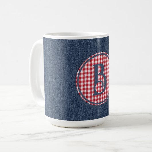 Monogram, Blauw Denim Rood Wit Check 15oz Koffiemok (Voorkant links)