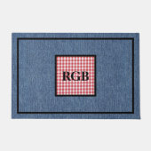Monogram Blauw Denim Rood Wit Gingham Patroon Deurmat (Voorkant)