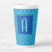 Monogram Blauw Drietonig Diamantpatroon Latte Mok (Voorkant)