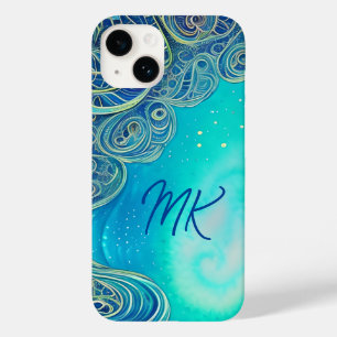 Monogram Blauw en Blauwgroen Abstracte Kunst Case-Mate iPhone 14 Hoesje