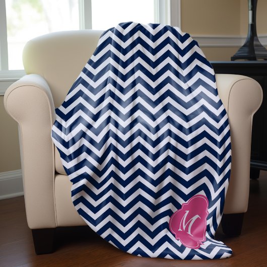 Monogram blauw en Fuschia Zigzag Pattern Fleece Deken