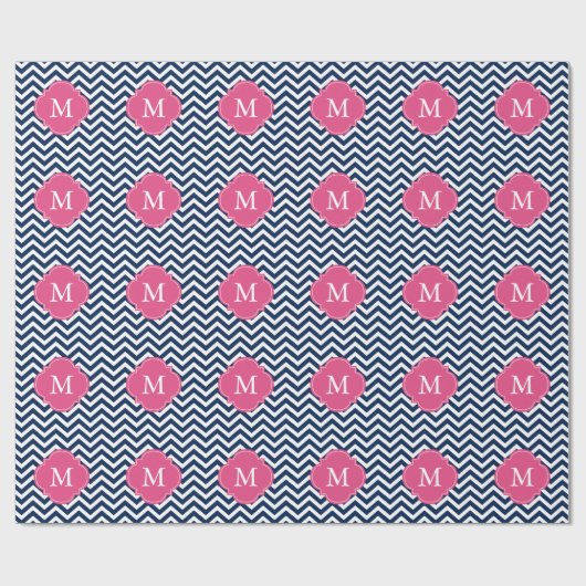Monogram blauw en Fuschia Zigzags Pattern Cadeaupapier (Vlak)