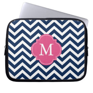 Monogram blauw en Fuschia Zigzags Pattern Laptop Sleeve