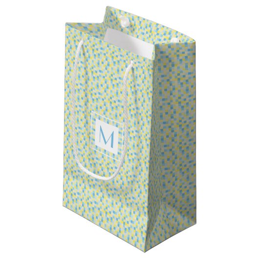 Monogram Blauw en Geel vierkant Kleine Gift Bag Klein Cadeauzakje (Voorkant Gekanteld)