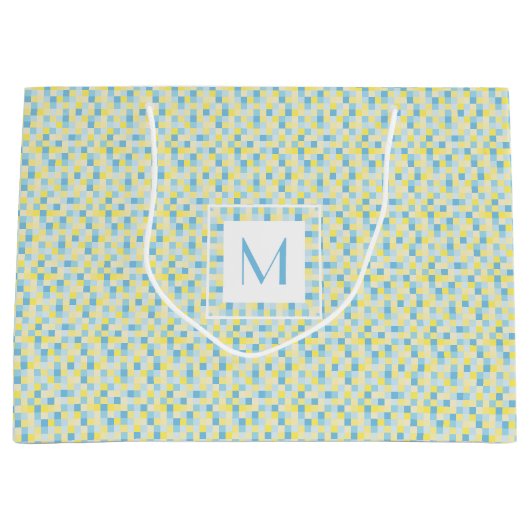 Monogram Blauw en Gele Vierkantjes Grote Gift Bag Large Cadeauzakje (Voorkant)