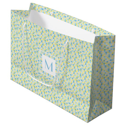 Monogram Blauw en Gele Vierkantjes Grote Gift Bag Large Cadeauzakje (Voorkant Gekanteld)