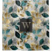 Monogram Blauw en Goud Boho Elegant Blad Douchegordijn (Voorkant)