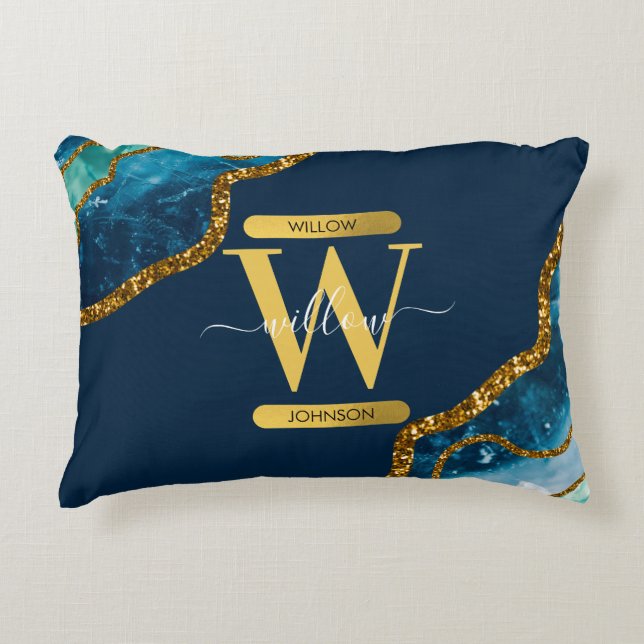 Monogram blauw en goudgrijs Geode Glitter Accent Kussen (Voorkant)
